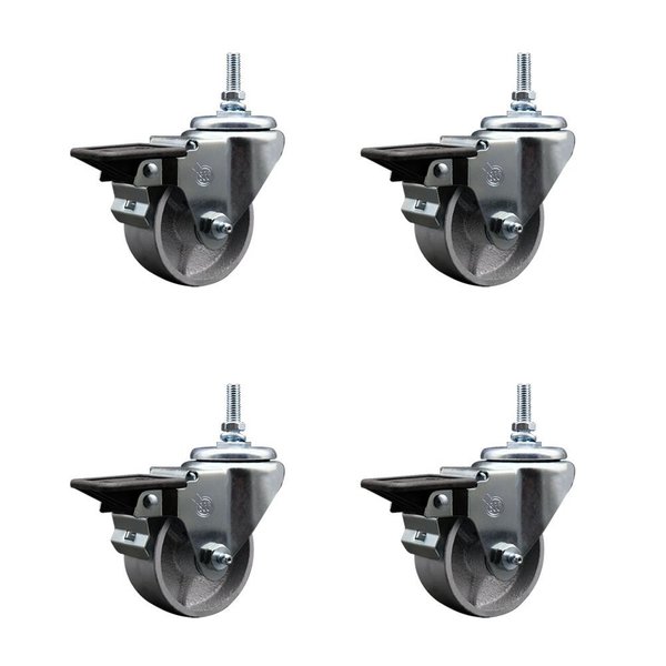 Service Caster 3 Inch Semi Steel 38 Inch Threaded Stem Caster Set with Brake SCC-TS20S315-SSR-PLB-381615-4